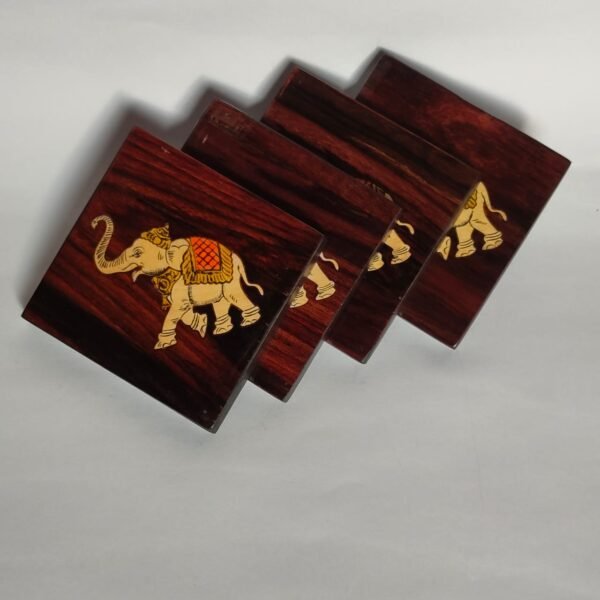 Handcrafted Set of 6 Elephant Square Rosewood Coaster - Image 2